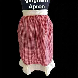 vtg handmade ginham red white apron small medium